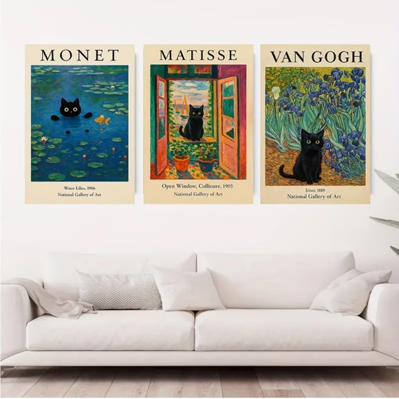 Set of 3 Black Cat Unframed Art Prints - Monet, Matisse, Van Gogh - Picture 4 of 11
